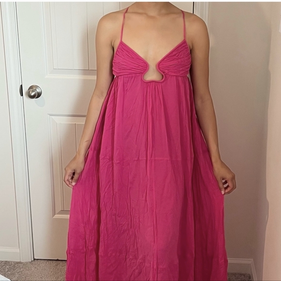 ZARA sz XS LIMITED Fuchsia Pink Voluminous Chiffon Maxi Cutout Open Back Dress - Picture 11 of 16